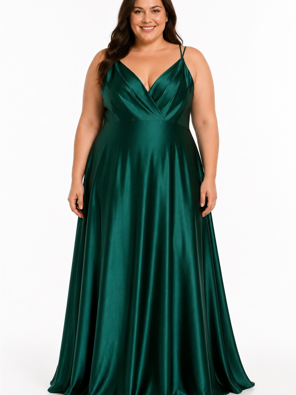 NWOT Madison James Deep Emerald Satin V-Neck A-Line Prom Dress Formal Gown Sz 28